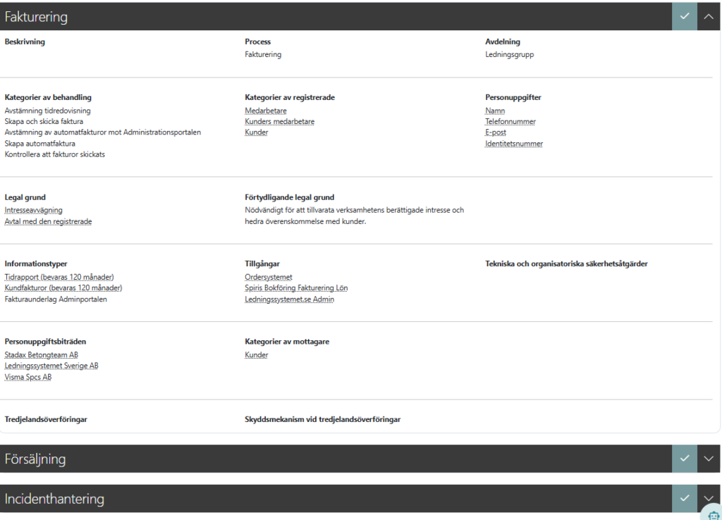 Genom informationen i processer, informationstyper och leverantörer upprättas ett GDPR-register automatiskt.